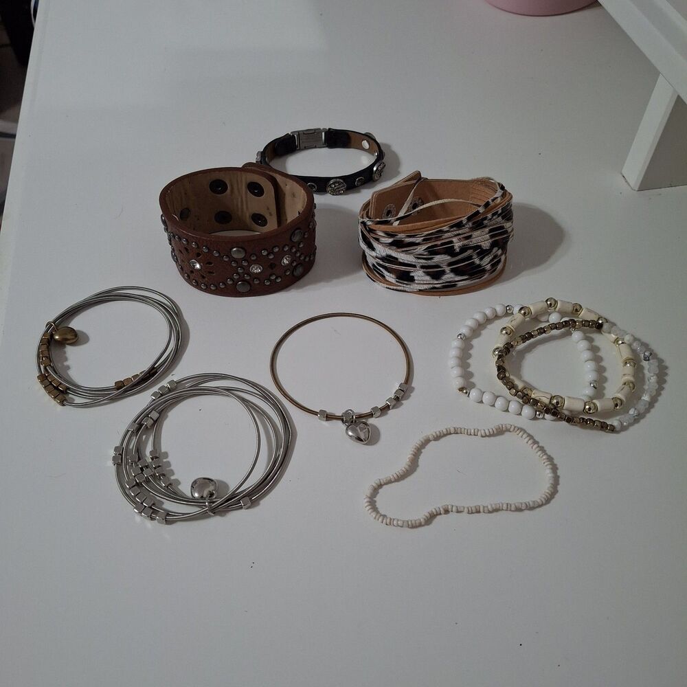 Lot Of 10 Bracelets Brown Leather Cord Metal Stretchy Leopard Silver Gold Tone